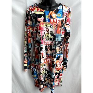 Love, Highlight Y2K Magazine Print Long Sleeve Mini Dress Bodycon Size XL Hip
